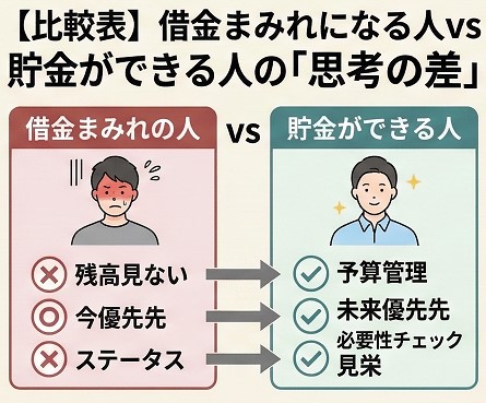 【比較表】借金まみれになる人 vs 貯金ができる人の「思考の差」